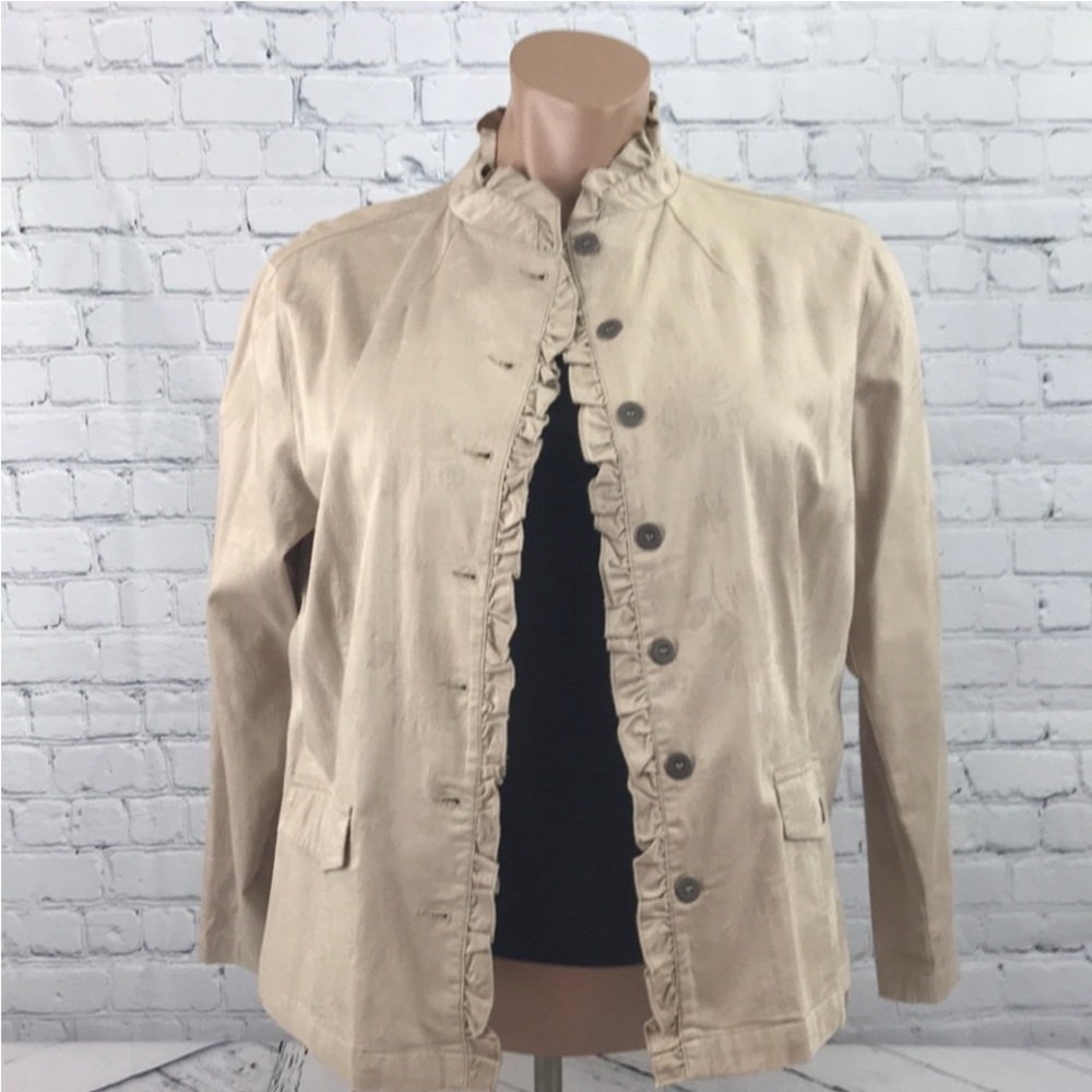 CHICO’S Tan Button Up Floral Ruffle Jacket sz 3/XL